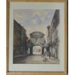 An unsigned watercolor, depicting Temple Bar, gateway to the city of London, 38 by 32cm.