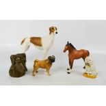 A Beswick pug dog, a Beswick foal, a model poodle, great dane and greyhound.