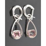A pair of 18ct white gold pink tourmaline and diamond drop earrings, 5.1g.