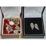 A pair of silver clip on earrings, two pairs of cufflinks; one marked 9ct, anad a pair of silver