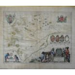 An 18th century map of Lincolnshire, Leicestershire and Rutland, hand tinted, 57 by 46cm