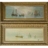 A pair of 19th century oil on boards, with boats in landscape, 17 by 50cm.