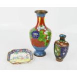 Two cloisonne vases, together with an enamelled trinket dish.