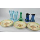 A Bohemian green glass vase, pair of retro vases, pair of terracotta glazed vases depicting