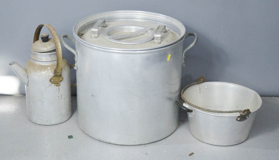 A 1965 aluminium cooking pot, kettle and pan.