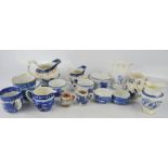 A quantity of Victorian and later blue and white pottery, to include a pair of Copeland Spode salts,