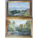 A pair of 19th century paintings, River landscape oil on board, 29 by 44cm. Signed W.P Curry