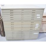A beech three tier 15 drawer architects set of drawers / document chest, painted grey. 131cm x 132.5