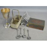 A silver plated toast rack circa 1930, a 1977 Coronation cup, basket, Eastern box and Dutch