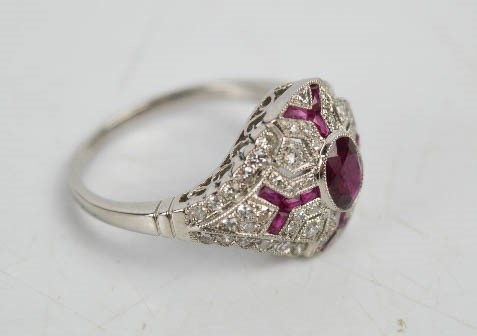 A ruby, diamond Art Deco style ring, size N, 5g, (un-hallmarked, tested as 18ct white gold). - Image 3 of 3