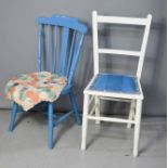 A blue painted chair and a white painted chair.