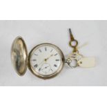 A silver 19th century full hunter pocket watch, London 1881, white enamel face with inset seconds