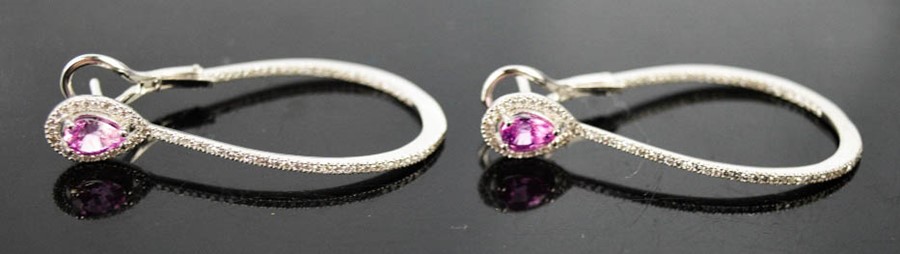 A pair of 18ct white gold and pink sapphire and diamond hoop earrings, with pear shaped pink - Image 2 of 2