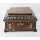 A 19th century rosewood work box, inlaid with mother of pearl lid, raised to reveal the original