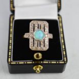 An 18ct yellow gold Art Deco style opal and diamond ring, with white gold setting and yellow