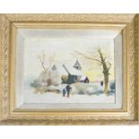 A 19th century oil on board, naeive snow scene with church and figures to the fore, 21 by 28cm.