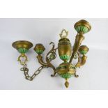 A French brass and enamel chandelier, Art Nouveau style, with three branches.