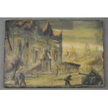 A 20th century Polish WWII painting depicting the holy cross church in Warsaw on a panel from an