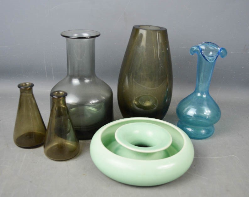 A group of glass Holmegaard style vases, and a Clarice Cliff ashtray.