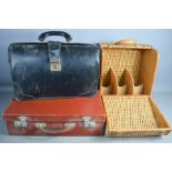 A wicker wine basket, small vintage suitcase and doctor's bag.