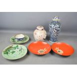 A selection of enamel Chinese plates, a vase, bowl and other items.