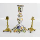 A pair of miniature brass candlesticks in the 17th century style together with a maiolica Italian