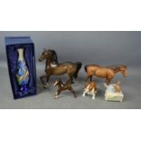 A Tupton vase, Beswick horses, bulldog, and Royal Doulton new baby Bunnikins.