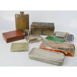 A group of collectables, including boxed rolls razor, cigarette tins, petrol lighters, flask.