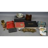 A quantity of collectables including boxes, travelling inkwell, mother of pearl shell, autograph