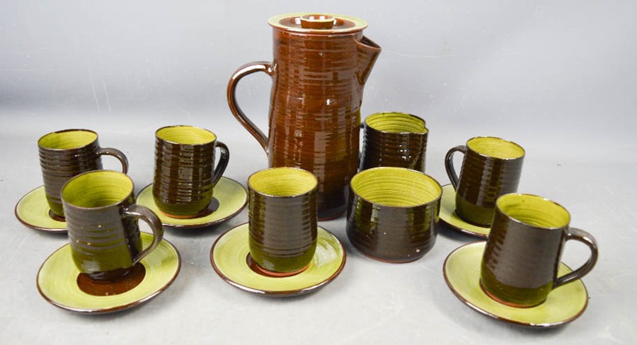 A Longburton coffee set in green and brown glaze.