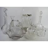 A quantity of glassware to include decanters, basket, vases and other items.