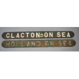 Railway station platform bench signs in cast metal; Clacton on Sea, and Holland on Sea and the &