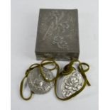 A pewter box, pendant and an Art Nouveau brooch.