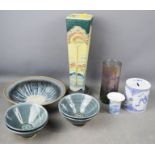 A Malta vase, Spode money box, Rosenthal candlesticks, square vase and stoneware vase.