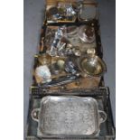 A quantity of silver plate ware, cutlery, trays and dish. (3 boxes)