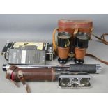 A pair of vintage binoculars with case, Janik telescope with case, fold out binoculars and Philips