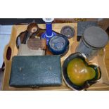 A treen watch case, Tunbridge ware salts, penknives, ceramic candlestick, ashtray and cigarette
