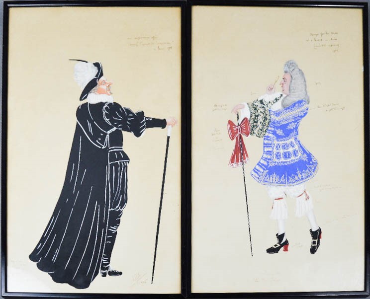 Two French portraits, gouache on paper, with ink detail inscriptions, Cyrano de Bergerac in Paris,