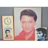 A 1980s large colour poster of Elvis, Pop Art print and Elvis wall clock.