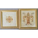 Two framed applique panels, one in gold thread.