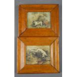 A pair of 19th century prints; dog and hare, in birdseye maple frames 9 by 7cm.