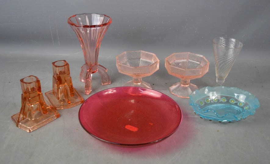 A retro glass vase, candlesticks, dish and ice cream dishes.