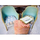 Two Lloyd Loom green chairs, picnic tray and ottoman.