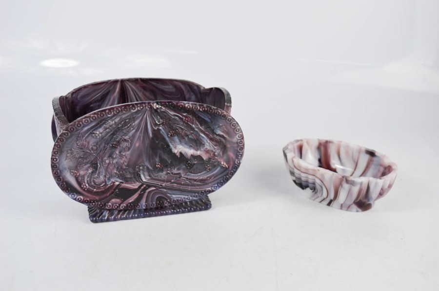 A slag glass dish and jardiniere pressed with decoration, 8½