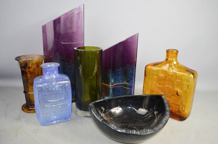 A group of glassware to include Whitefriars style vases, pair of modern vases and others.