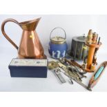 A group of collectables, bobbin, biscuit barrel, copper jug, The Maternal Hygiene Feeding Bottle