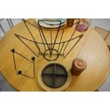 A group of retro items to include magazine rack, metal candlestand, hor's d'oeuvres dish and
