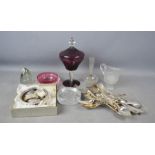 A quantity of Mappin & Webb silver plated flatware, paperweights, amethyst coloured glass jar and