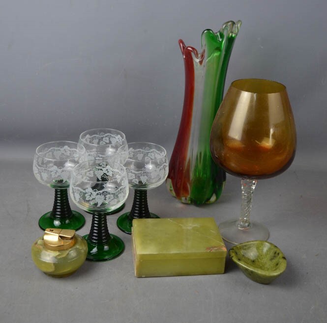 An onyx lighter and box, twisted stem glasses and coloured glass vase.