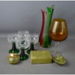 An onyx lighter and box, twisted stem glasses and coloured glass vase.